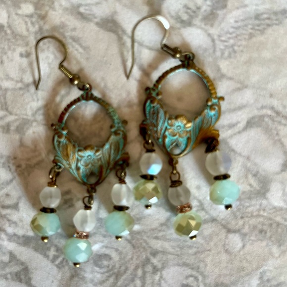 Art Nouveau Style Verdigris Earrings Czech Glass Drops - Picture 15 of 15